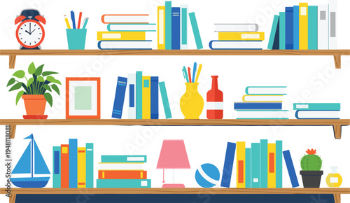 Colorful bookshelf with books and decorative clock plant frame