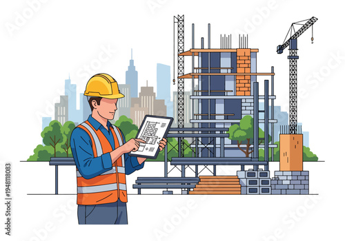Construction worker checking digital blueprint on tablet device at modern building site in flat solid color style