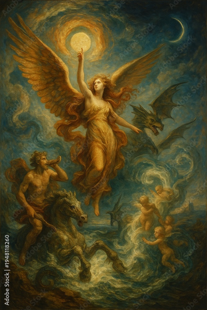 Naklejka premium Epic classical baroque style painting of a radiant female angel and a man on horseback battling a dragon