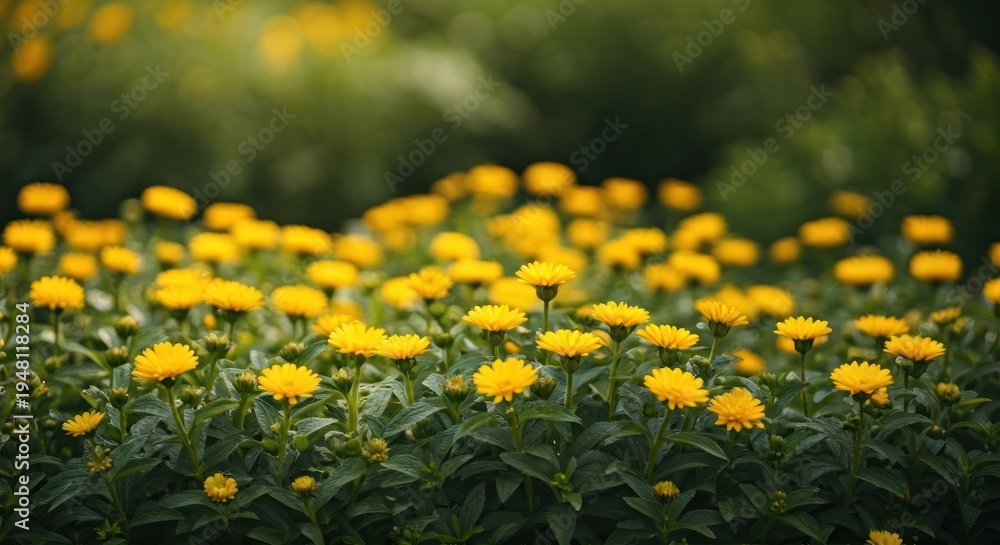 Obraz premium A field of vibrant yellow flowers in full bloom with blurred green foliage in the background