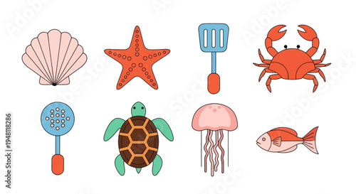 Ocean creatures and kitchen utensils illustration