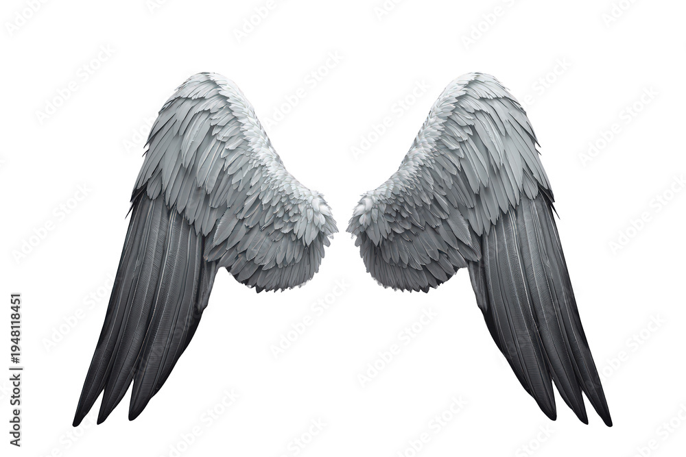 Fototapeta premium Pair of white angel wings on a transparent background, representing divinity, flight, purity, and spiritual grace