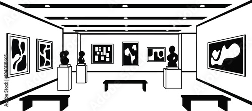 art gallery interior with paintings and sculptures