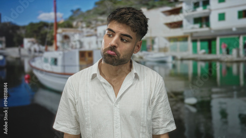 Quadro em tela Man in white shirt pouts lower lip beside a wooden boat docked at a sunny port; melancholy introspection