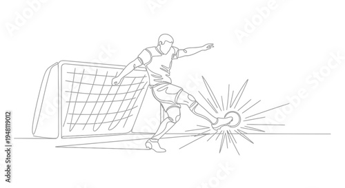 A continuous line art drawing of a soccer player powerfully kicking a ball towards a goal, with a burst effect around the ball.