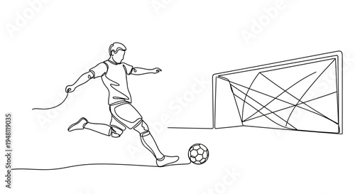Continuous line drawing of a soccer player kicking a ball towards a goal, illustrating dynamic sports action.
