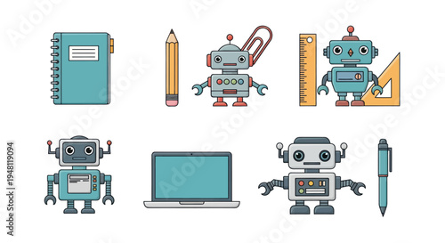 Robots with school supplies and computer