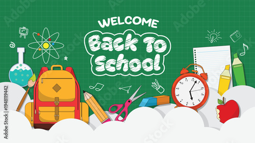 Welcome Back To School Background with Educational Supplies on Chalkboard