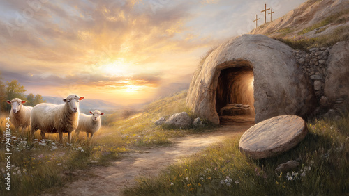 Empty Tomb of Jesus at Sunrise Christian He Has Risen Easter Illustration.
