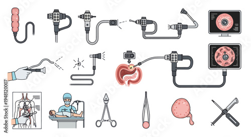 Endoscopy Medical Instruments Surgical Tools and Diagnostic Procedures Set.