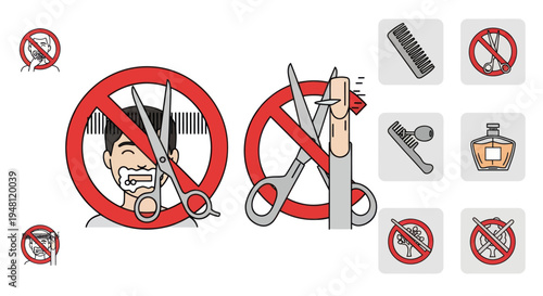 Illustrated Prohibition Signs: No Haircuts Scissors and Grooming.