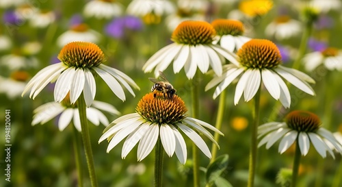 Bee pollinating white coneflower in a sunny meadow with other flowers.