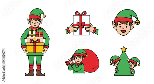 Cartoon Elf with Green Outfit Carrying Stacked Christmas Gifts.