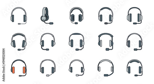 Collection of Various Headsets with Microphones Vector Illustration.