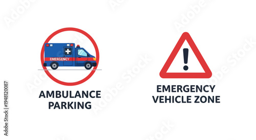 Set of emergency vehicle signs for ambulance parking and a triangular warning zone.