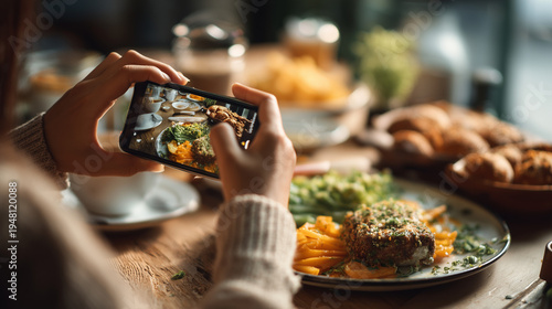 ultra realistic food influencer photographing colorful meal with smartphone, professional culinary photography for social media and food blog, gourmet restaurant lifestyle with digital content creator