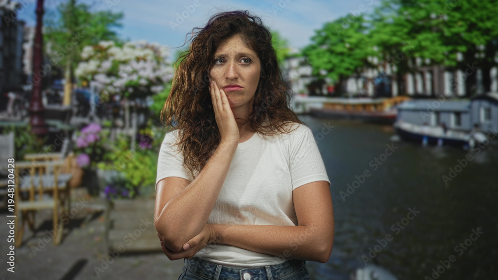 Fototapeta premium Woman touching chin with hand, freckled face and folded arm, wearing white tee, standing on canal street by houseboats in amsterdam; thoughtful reflection.