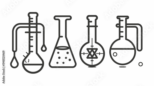 A black and white illustration of four scientific laboratory flasks with different shapes and features