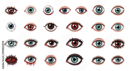 Diverse collection of human eyes in various colors and styles featuring different expressions.