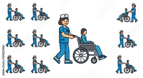 Cartoon illustration set of a female nurse in blue scrubs pushing a patient in a wheelchair.
