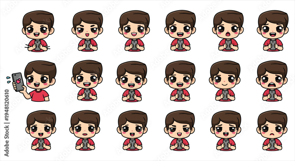 Obraz premium Cute Gamer Boy Character Emote Sticker Set, Cartoon Gaming Avatar Emoji Pack, Streaming Reaction Icons for Twitch Discord Vector