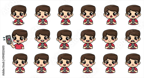 Cute Gamer Boy Character Emote Sticker Set, Cartoon Gaming Avatar Emoji Pack, Streaming Reaction Icons for Twitch Discord Vector