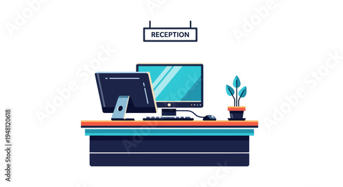 Modern reception desk with computers and plant.