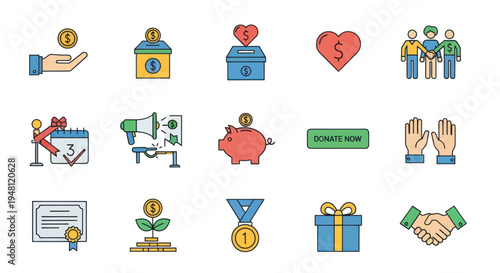 Colorful Charity and Donation Icons Collection for Fundraising Concepts.