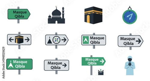 Islamic Mosque and Qibla Direction Signs and Symbols Set.