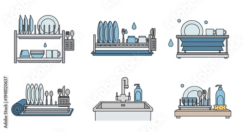 Collection of Six Different Dish Drying Racks with Dishes and Utensils.