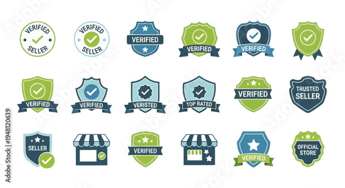 Vector collection of verified seller trust badges official store labels and certified icons with checkmarks.
