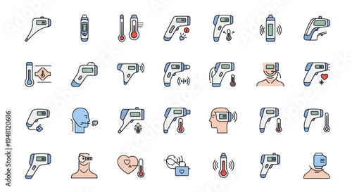 A set of colorful line art icons depicting non-contact infrared thermometers for temperature checks.