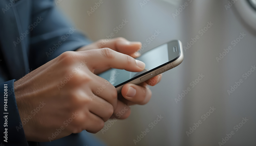 Fototapeta premium Businessman in suit typing on a smartphone while commuting in a train or airplane