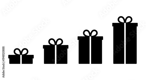 Gift icon set. Vector gift box size symbol. Short, long, rectangular birthday present, Christmas gift icon. Different size black gift box illustration