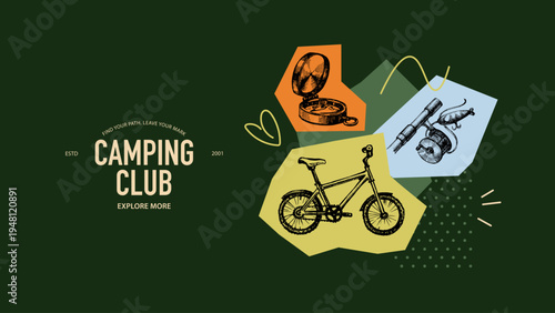 Hand drawn adventure and hiking collage background. Outdoor, camping club and tourism design. Vintage sketch vector illustration