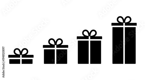 Gift icon set. Vector gift box size symbol. Short, long, rectangular birthday present, Christmas gift icon. Different size black gift box illustration