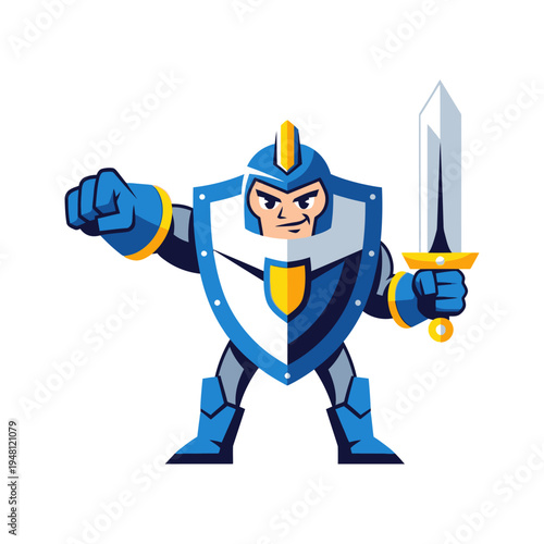 Blue Cartoon Knight with Sword Ready.