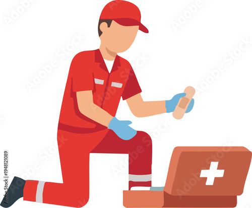 Male Paramedic Kneeling with First Aid Kit and Bandage Illustration