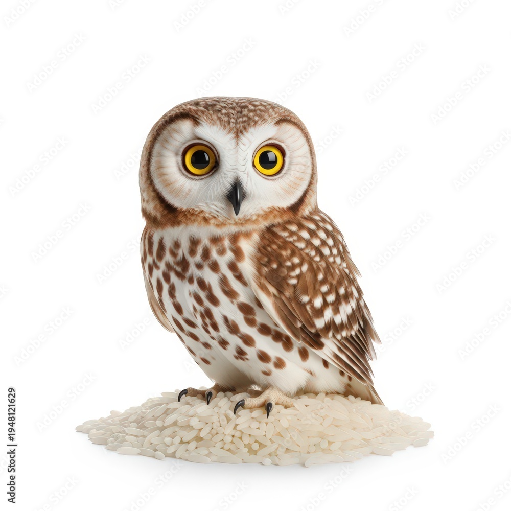 Obraz premium Boreal Owl Standing on Fluffy Surface Isolated on White Background