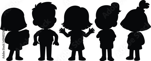 Kids silhouette set. Cute cartoon children standing characters collection. Boy and girl child shapes isolated vector illustration pack.