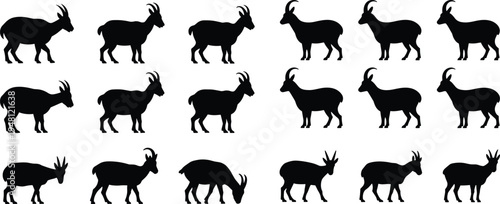 Goral mountain goat silhouettes. Asian goat antelope standing and walking poses collection. Wild cliff wildlife mammal vector illustration set.