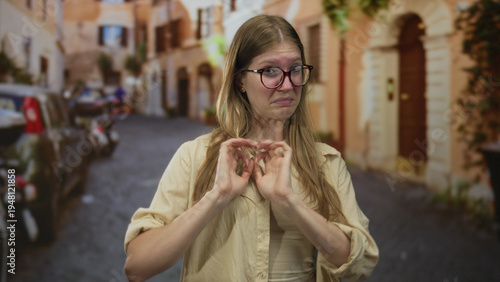 Εκτύπωση καμβά Blonde woman wearing glasses touches fingertips on cobblestone old town street in daylight; uncertainty