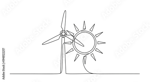 Wind Turbine and Sun Single Line Drawing - Clean Energy Concept