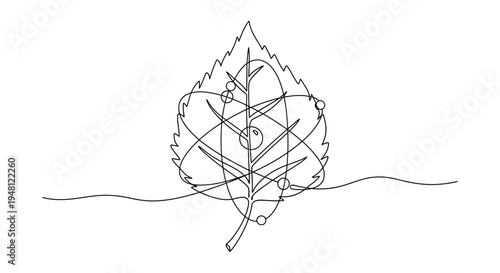 Abstract Birch Leaf with Spiral Ornament and Berries, Minimalist Line Art