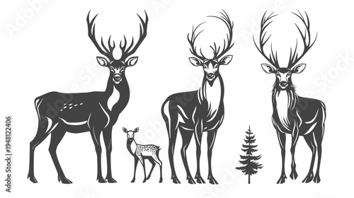 Black and white illustration of deer, including a fawn and fir tree, against a white background