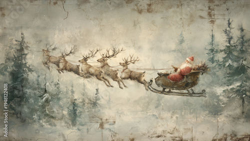 Santa Claus flying reindeer sleigh vintage Christmas old painting inspired.
