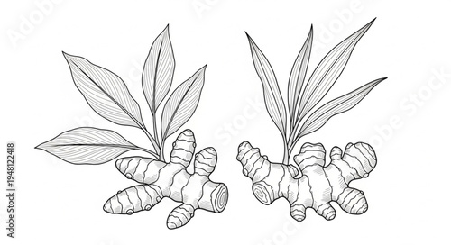 Detailed Line Art of Fresh Ginger Roots and Leaves.