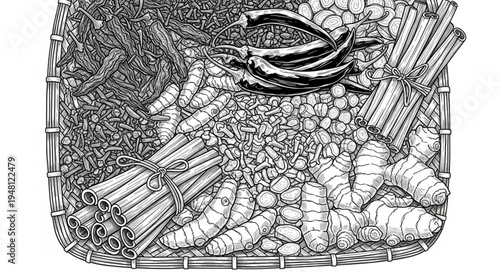 Assortment of Fresh Herbs and Spices in Woven Basket.