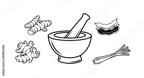 Mortar and Pestle with Ginger, Tamarind, and Lemongrass Illustration.