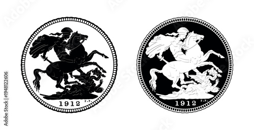Reverse 1912 Gold Sovereign coin. King George V. The coin is depicted in black and white. Vector illustration.